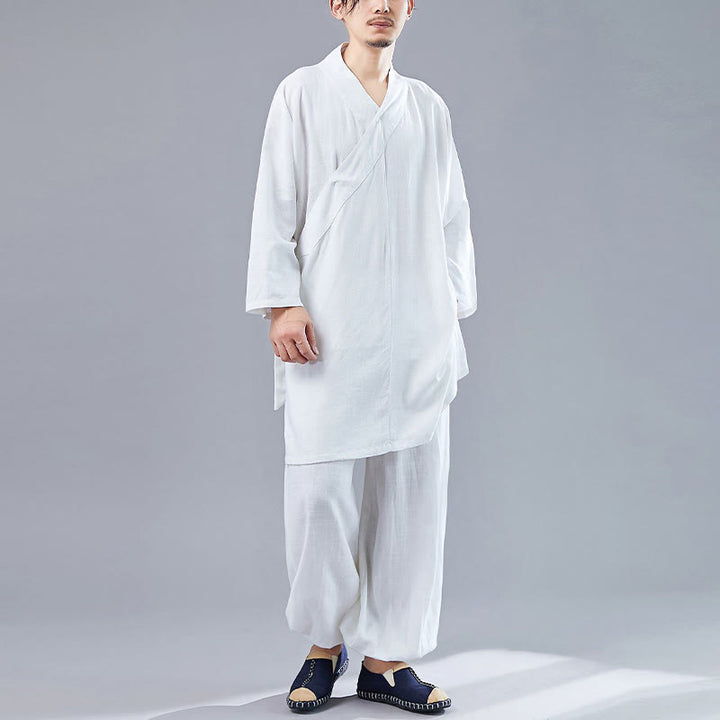 Juego de ropa de meditación Zen Tai Chi de algodón y lino, camisa de hombre de manga larga con cuello en V y pantalones, 2 piezas - image 4