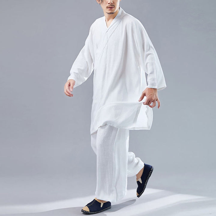Juego de ropa de meditación Zen Tai Chi de algodón y lino, camisa de hombre de manga larga con cuello en V y pantalones, 2 piezas - image 3