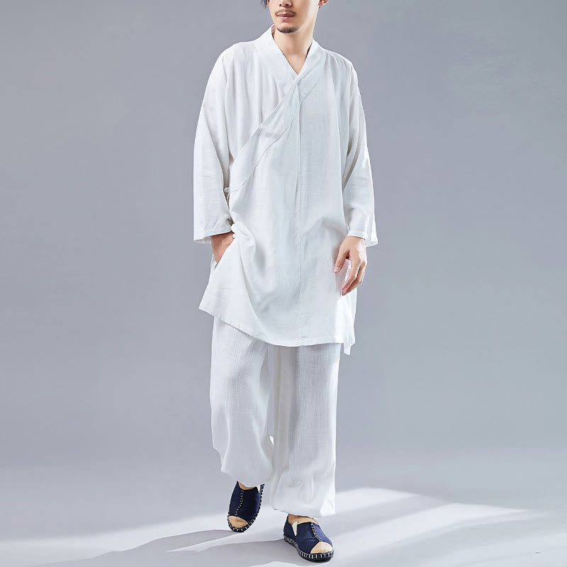 Juego de ropa de meditación Zen Tai Chi de algodón y lino, camisa de hombre de manga larga con cuello en V y pantalones, 2 piezas - Blanco - US/UK/AU42, UE52 (XL)  - image 0