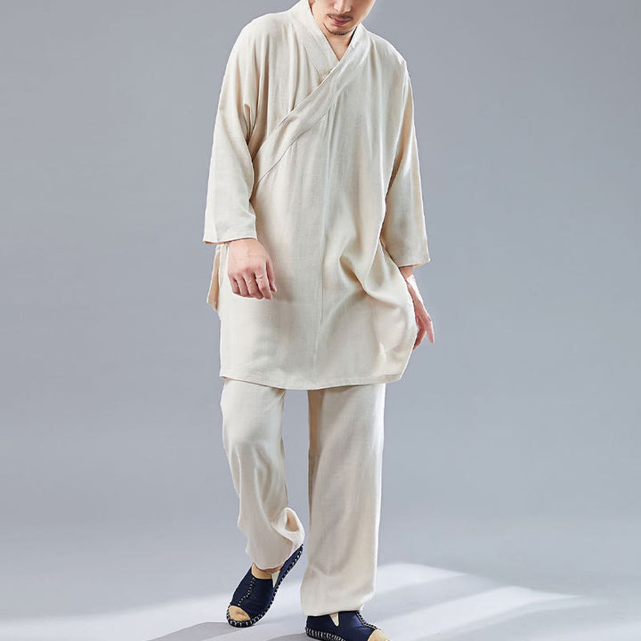 Juego de ropa de meditación Zen Tai Chi de algodón y lino, camisa de hombre de manga larga con cuello en V y pantalones, 2 piezas - image 14