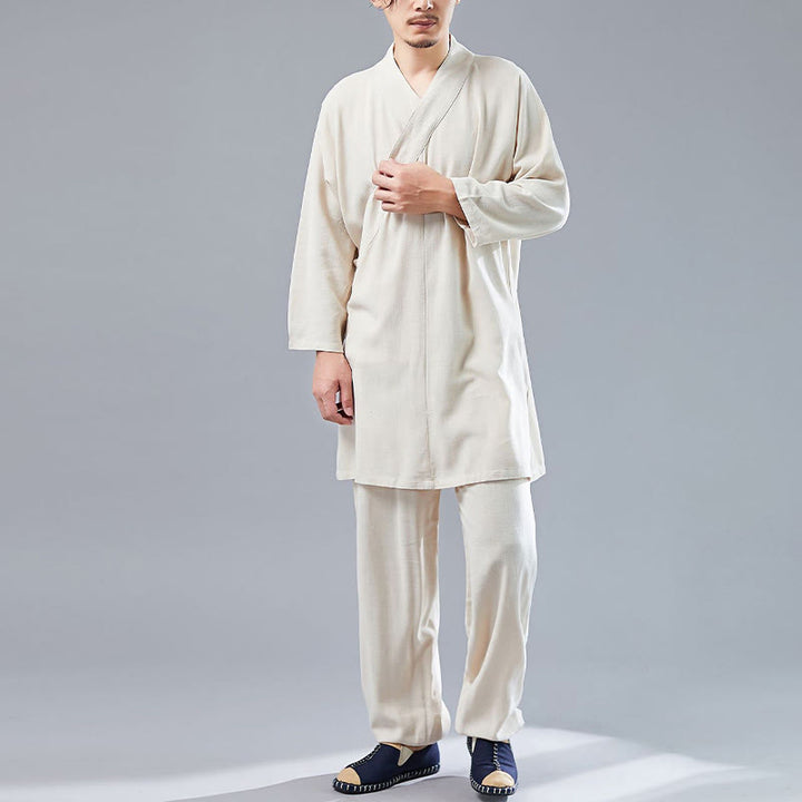 Juego de ropa de meditación Zen Tai Chi de algodón y lino, camisa de hombre de manga larga con cuello en V y pantalones, 2 piezas - image 9