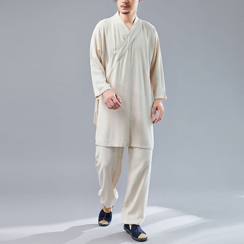 Juego de ropa de meditación Zen Tai Chi de algodón y lino, camisa de hombre de manga larga con cuello en V y pantalones, 2 piezas - Lino - US/UK/AU42, UE52 (XL)  - image 8