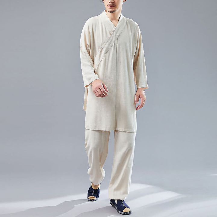 Juego de ropa de meditación Zen Tai Chi de algodón y lino, camisa de hombre de manga larga con cuello en V y pantalones, 2 piezas - Lino - US/UK/AU42, UE52 (XL)  - image 8