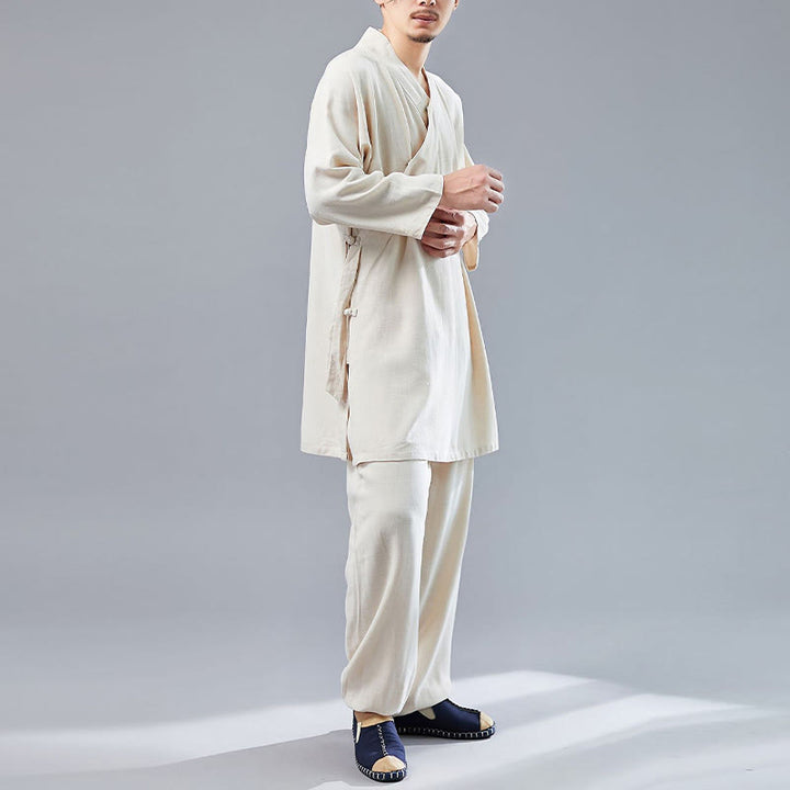 Juego de ropa de meditación Zen Tai Chi de algodón y lino, camisa de hombre de manga larga con cuello en V y pantalones, 2 piezas - image 12