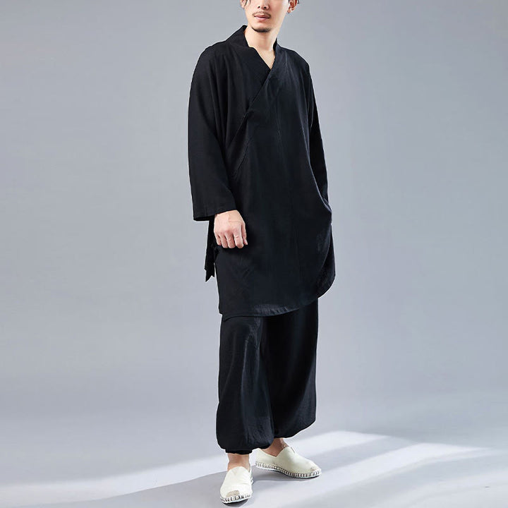 Juego de ropa de meditación Zen Tai Chi de algodón y lino, camisa de hombre de manga larga con cuello en V y pantalones, 2 piezas - image 29