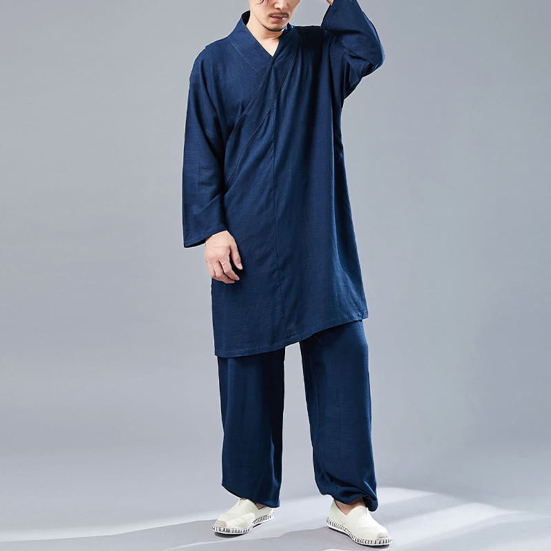 Juego de ropa de meditación Zen Tai Chi de algodón y lino, camisa de hombre de manga larga con cuello en V y pantalones, 2 piezas - image 34