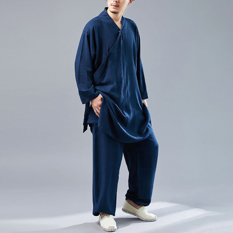 Juego de ropa de meditación Zen Tai Chi de algodón y lino, camisa de hombre de manga larga con cuello en V y pantalones, 2 piezas - image 39