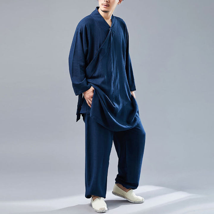 Juego de ropa de meditación Zen Tai Chi de algodón y lino, camisa de hombre de manga larga con cuello en V y pantalones, 2 piezas - image 39