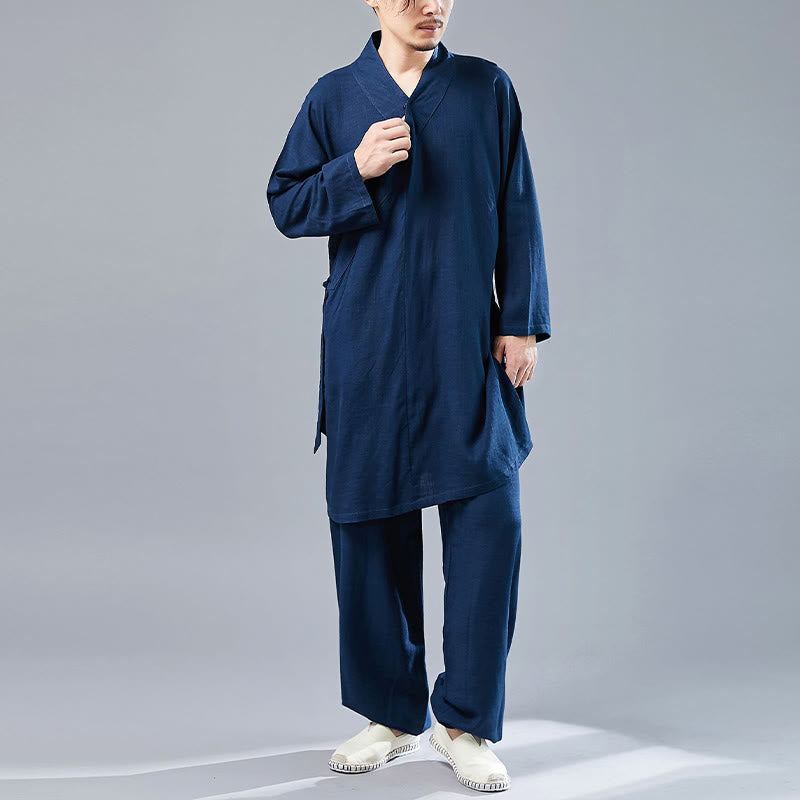 Juego de ropa de meditación Zen Tai Chi de algodón y lino, camisa de hombre de manga larga con cuello en V y pantalones, 2 piezas - image 37