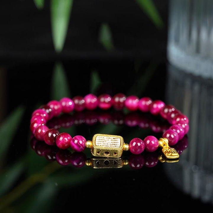 Brazalete de Coraje con Piedras de Buda, Ojo de Tigre Rojo Rosado, Carácter Fu
