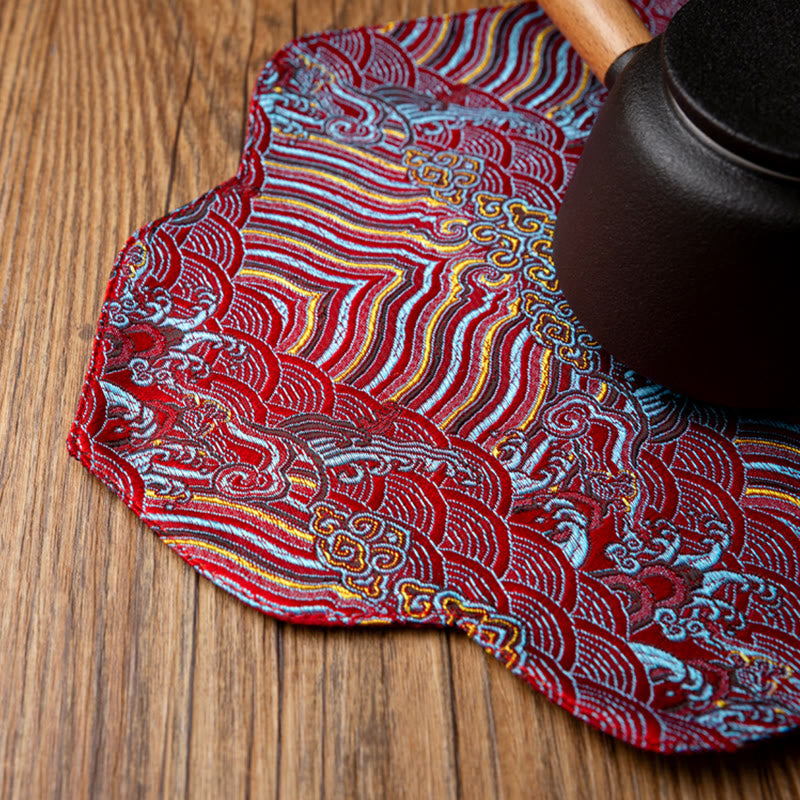 Tapete para taza con bordado de brocado de flor de ciruelo de bambú, posavasos para taza de té, Buddha Stones, ola de mar, tapete para té Kung Fu