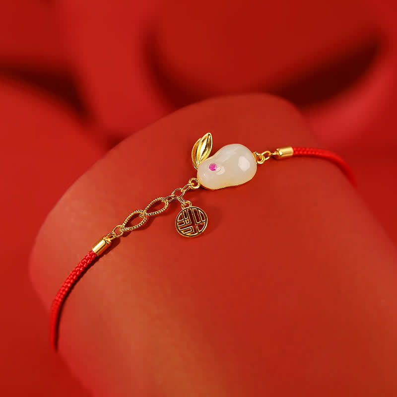 Pulsera de hilo rojo con bendición de la suerte de jade blanco hetiano del año del conejo de plata de ley 925