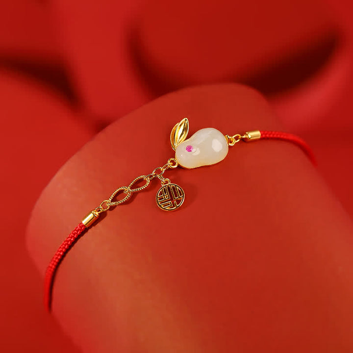 Pulsera de hilo rojo con bendición de la suerte de jade blanco hetiano del año del conejo de plata de ley 925