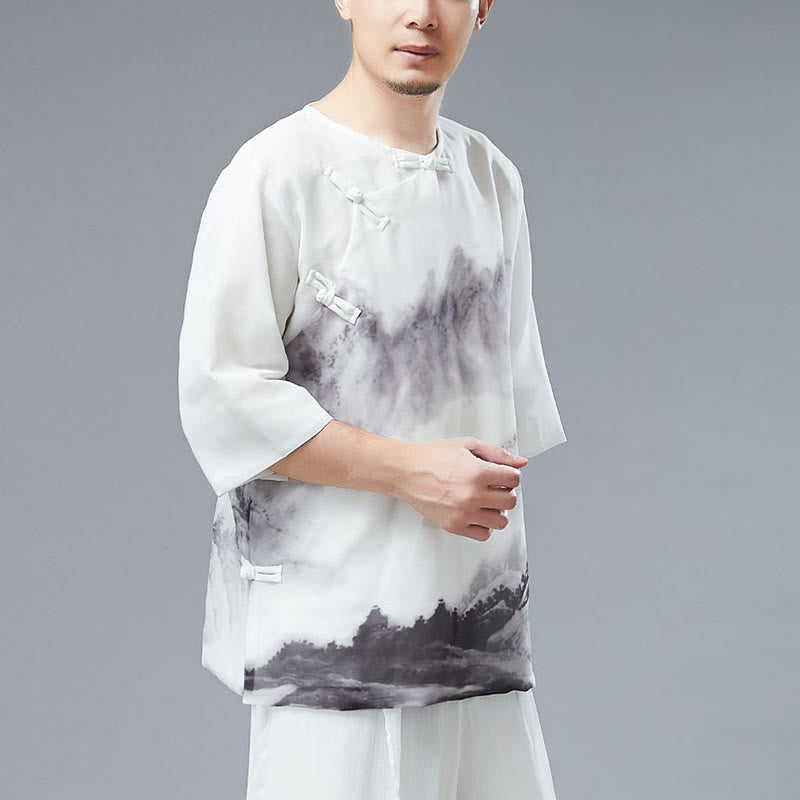Camisa de Media Manga con Pintura de Tinta de Paisaje de Montaña y Botones de Rana para Hombre de Buddha Stones