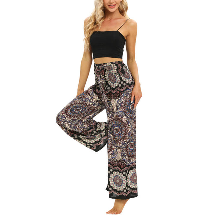 Pantalones anchos de pierna con cordones y estampado de mandala boho de piedras de Buda para mujer - image 4