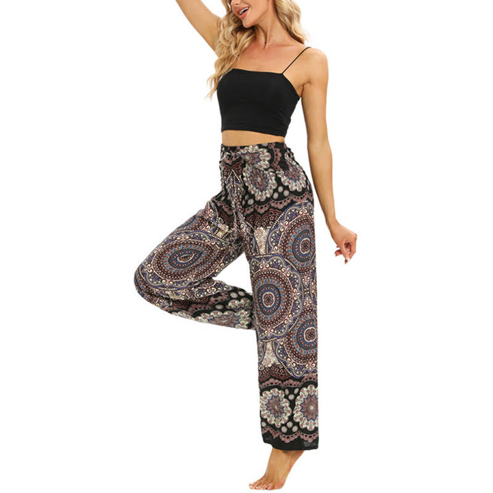 Pantalones anchos de pierna con cordones y estampado de mandala boho de piedras de Buda para mujer - image 7