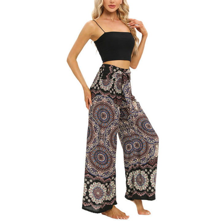 Pantalones anchos de pierna con cordones y estampado de mandala boho de piedras de Buda para mujer - image 5
