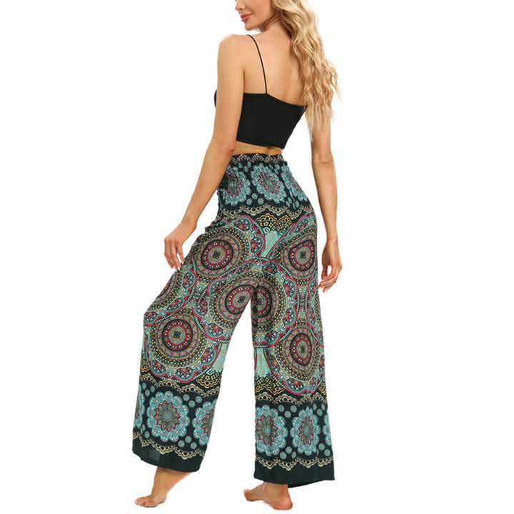 Pantalones anchos de pierna con cordones y estampado de mandala boho de piedras de Buda para mujer - image 13