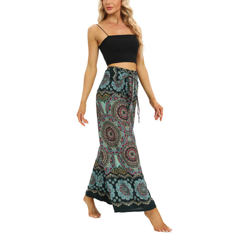 Pantalones anchos de pierna con cordones y estampado de mandala boho de piedras de Buda para mujer - image 15