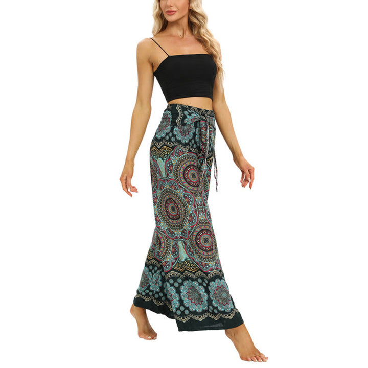 Pantalones anchos de pierna con cordones y estampado de mandala boho de piedras de Buda para mujer - image 15