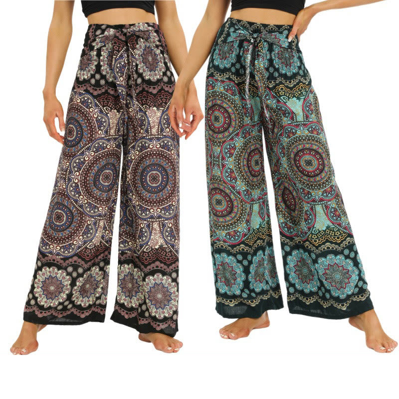 Pantalones anchos de pierna con cordones y estampado de mandala boho de piedras de Buda para mujer - image 0
