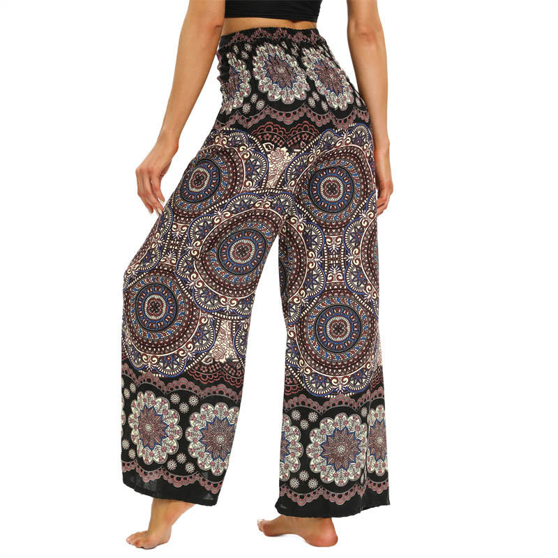 Pantalones anchos de pierna con cordones y estampado de mandala boho de piedras de Buda para mujer - image 3