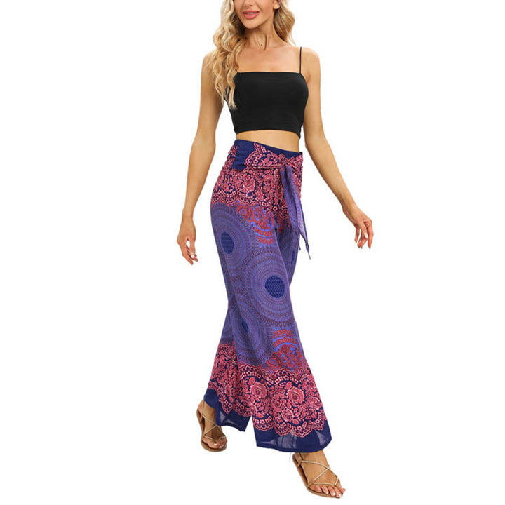 Pantalones Anchos con Estampado de Piedra de Buda, Flor de Compás Bohemia y Cordón, Pantalones de Yoga para Mujer