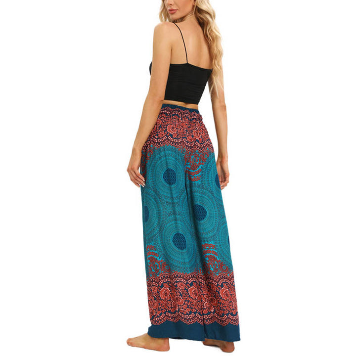Pantalones Anchos con Estampado de Piedra de Buda, Flor de Compás Bohemia y Cordón, Pantalones de Yoga para Mujer