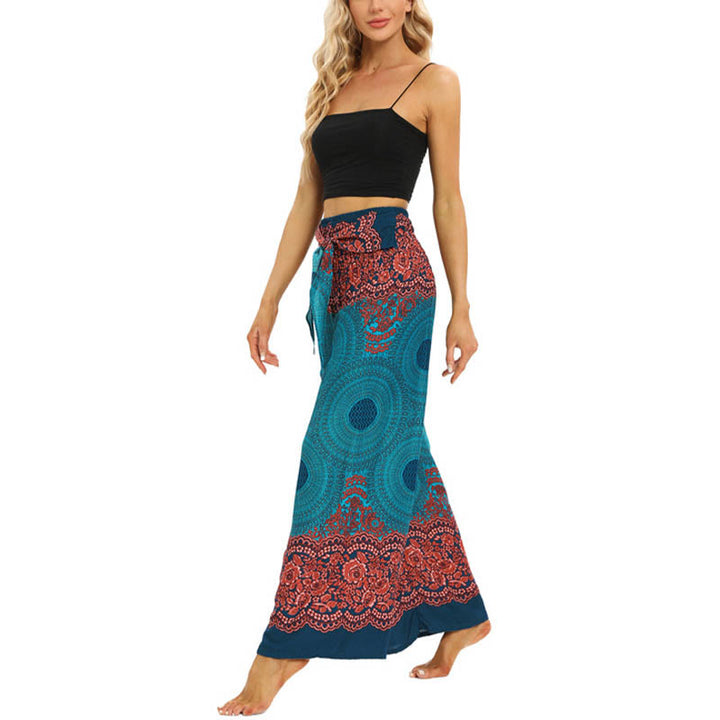 Pantalones Anchos con Estampado de Piedra de Buda, Flor de Compás Bohemia y Cordón, Pantalones de Yoga para Mujer