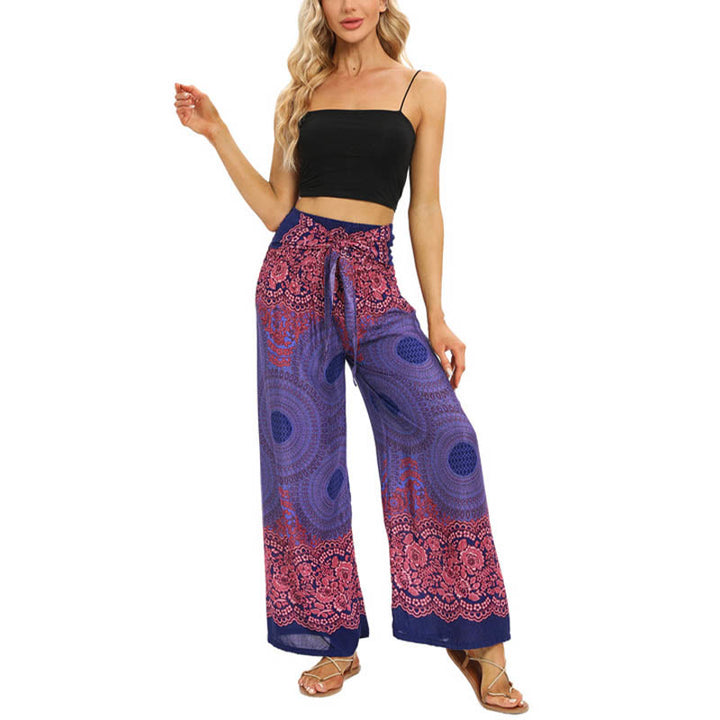 Pantalones Anchos con Estampado de Piedra de Buda, Flor de Compás Bohemia y Cordón, Pantalones de Yoga para Mujer