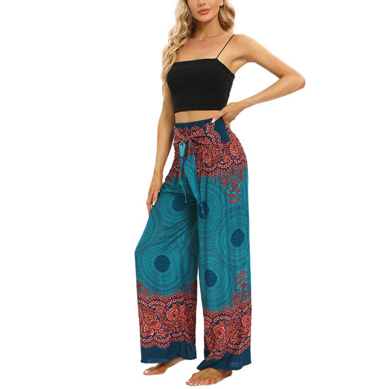 Pantalones Anchos con Estampado de Piedra de Buda, Flor de Compás Bohemia y Cordón, Pantalones de Yoga para Mujer