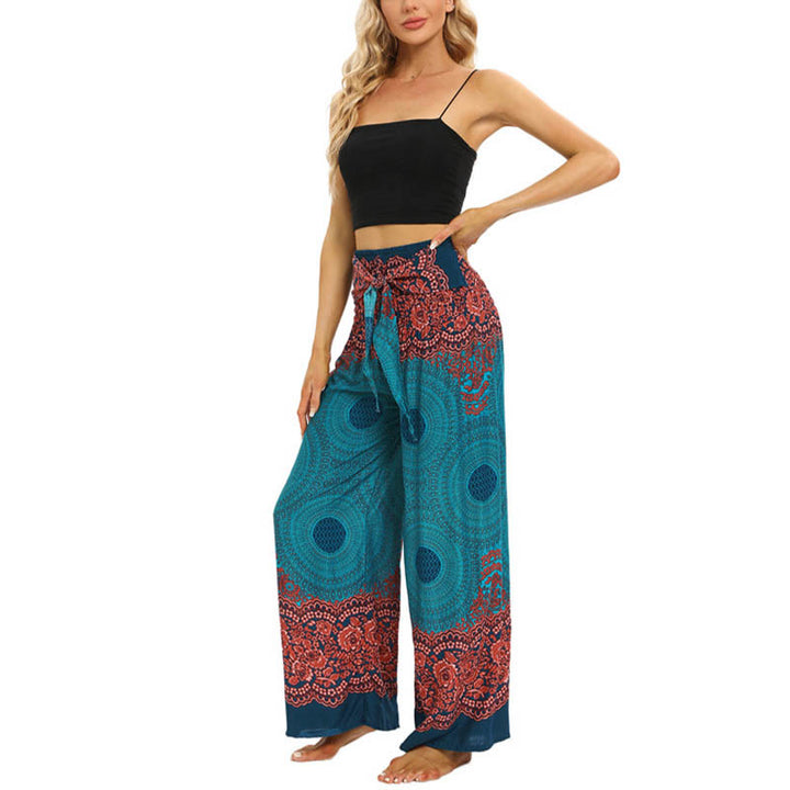 Pantalones Anchos con Estampado de Piedra de Buda, Flor de Compás Bohemia y Cordón, Pantalones de Yoga para Mujer