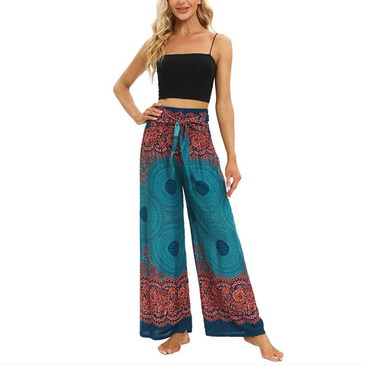 Pantalones Anchos con Estampado de Piedra de Buda, Flor de Compás Bohemia y Cordón, Pantalones de Yoga para Mujer