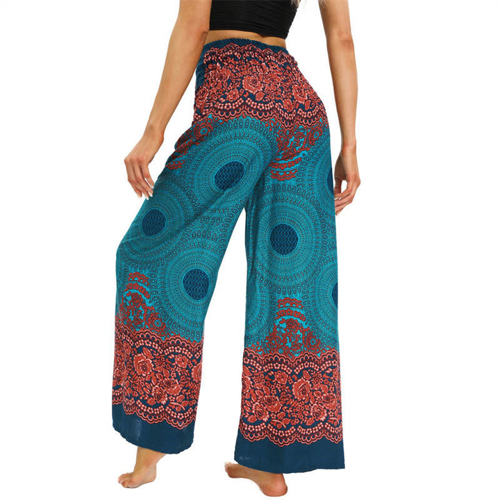 Pantalones Anchos con Estampado de Piedra de Buda, Flor de Compás Bohemia y Cordón, Pantalones de Yoga para Mujer