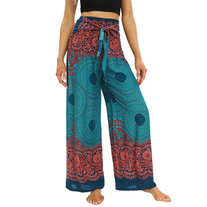 Pantalones Anchos con Estampado de Piedra de Buda, Flor de Compás Bohemia y Cordón, Pantalones de Yoga para Mujer