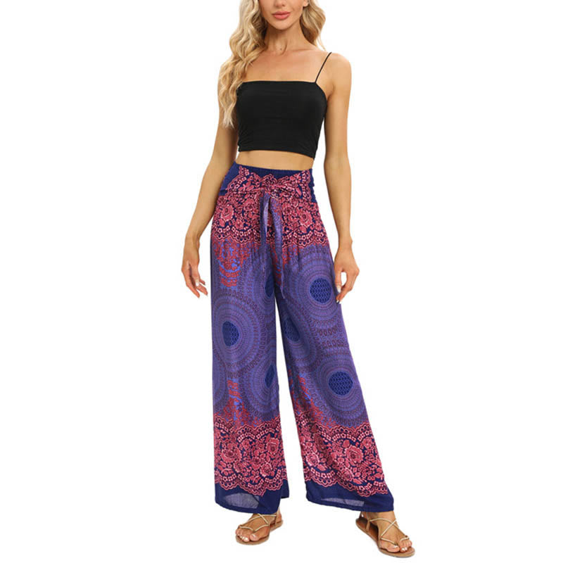 Pantalones Anchos con Estampado de Piedra de Buda, Flor de Compás Bohemia y Cordón, Pantalones de Yoga para Mujer