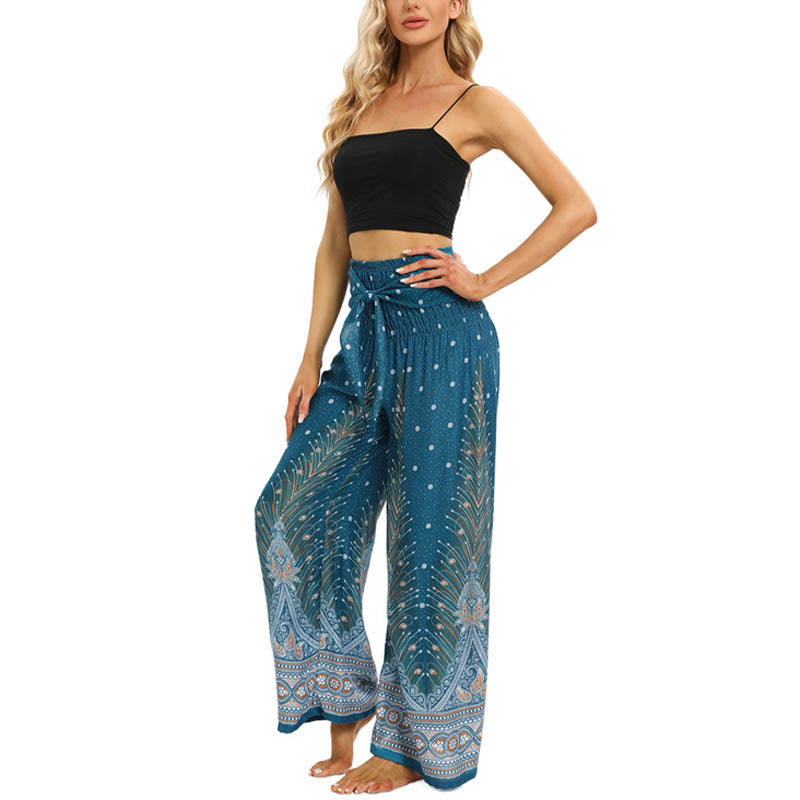 Pantalones anchos de encaje con plumas de pavo real bohemias de piedras de Buda Pantalones de yoga para mujer - image 14