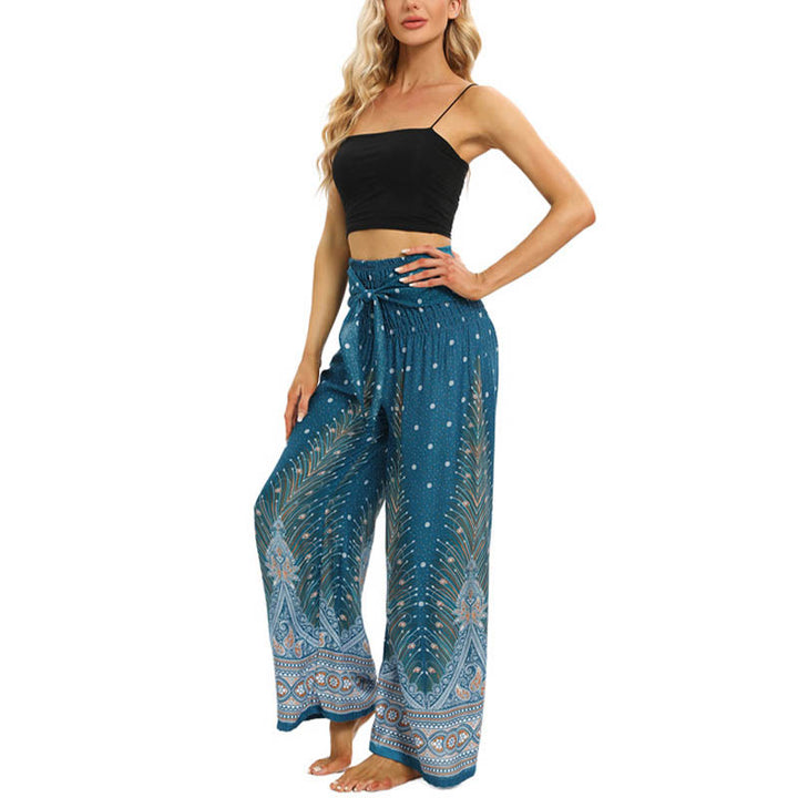 Pantalones anchos de encaje con plumas de pavo real bohemias de piedras de Buda Pantalones de yoga para mujer - image 14