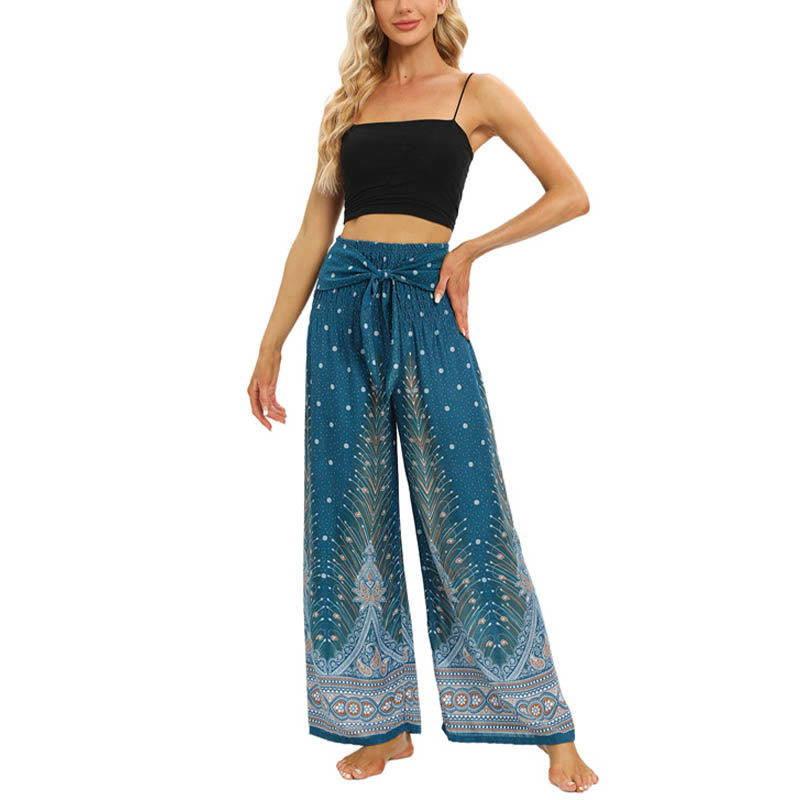 Pantalones anchos de encaje con plumas de pavo real bohemias de piedras de Buda Pantalones de yoga para mujer - image 16