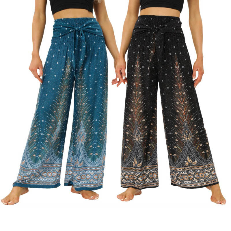 Pantalones anchos de encaje con plumas de pavo real bohemias de piedras de Buda Pantalones de yoga para mujer - image 0