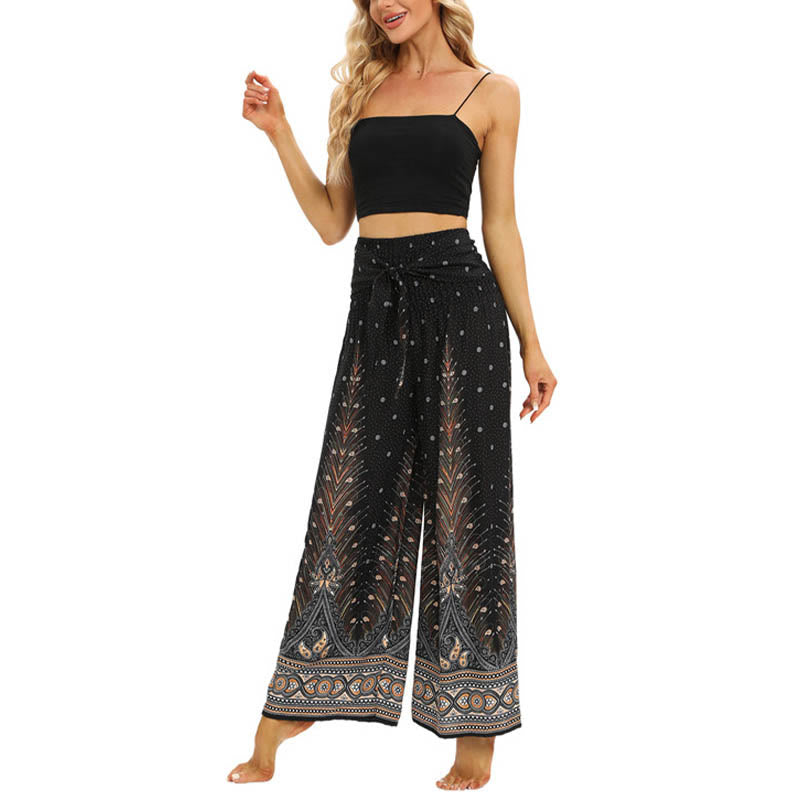 Pantalones anchos de encaje con plumas de pavo real bohemias de piedras de Buda Pantalones de yoga para mujer - image 7