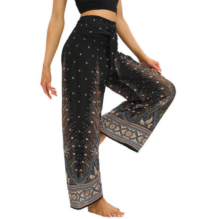Pantalones anchos de encaje con plumas de pavo real bohemias de piedras de Buda Pantalones de yoga para mujer - image 4