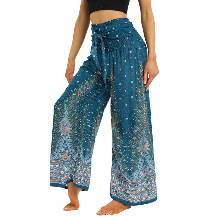 Pantalones anchos de encaje con plumas de pavo real bohemias de piedras de Buda Pantalones de yoga para mujer - image 10