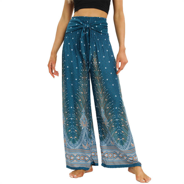 Pantalones anchos de encaje con plumas de pavo real bohemias de piedras de Buda Pantalones de yoga para mujer - Turquesa oscuro - US2-12, UK/AU6-16, EU34-44 (F) - image 9