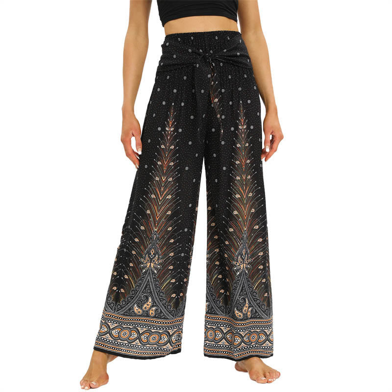 Pantalones anchos de encaje con plumas de pavo real bohemias de piedras de Buda Pantalones de yoga para mujer - Tierra de siena - US2-12, UK/AU6-16, EU34-44 (F) - image 1