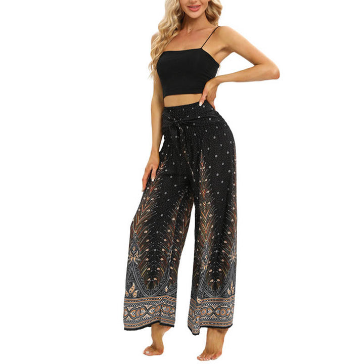 Pantalones anchos de encaje con plumas de pavo real bohemias de piedras de Buda Pantalones de yoga para mujer - image 5