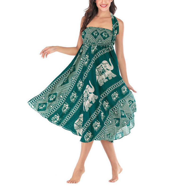 Buddha Stones Dos Estilos Vestido Bohemio de Verano Elefantes Líneas Falda con Cinturón