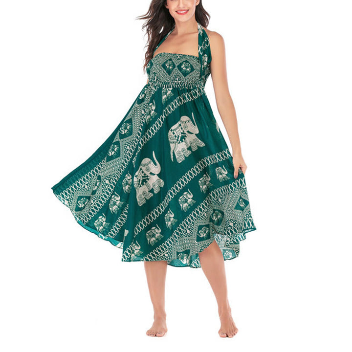 Buddha Stones Dos Estilos Vestido Bohemio de Verano Elefantes Líneas Falda con Cinturón