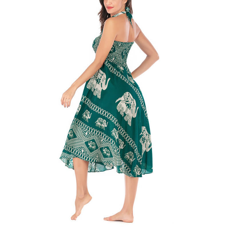 Buddha Stones Dos Estilos Vestido Bohemio de Verano Elefantes Líneas Falda con Cinturón