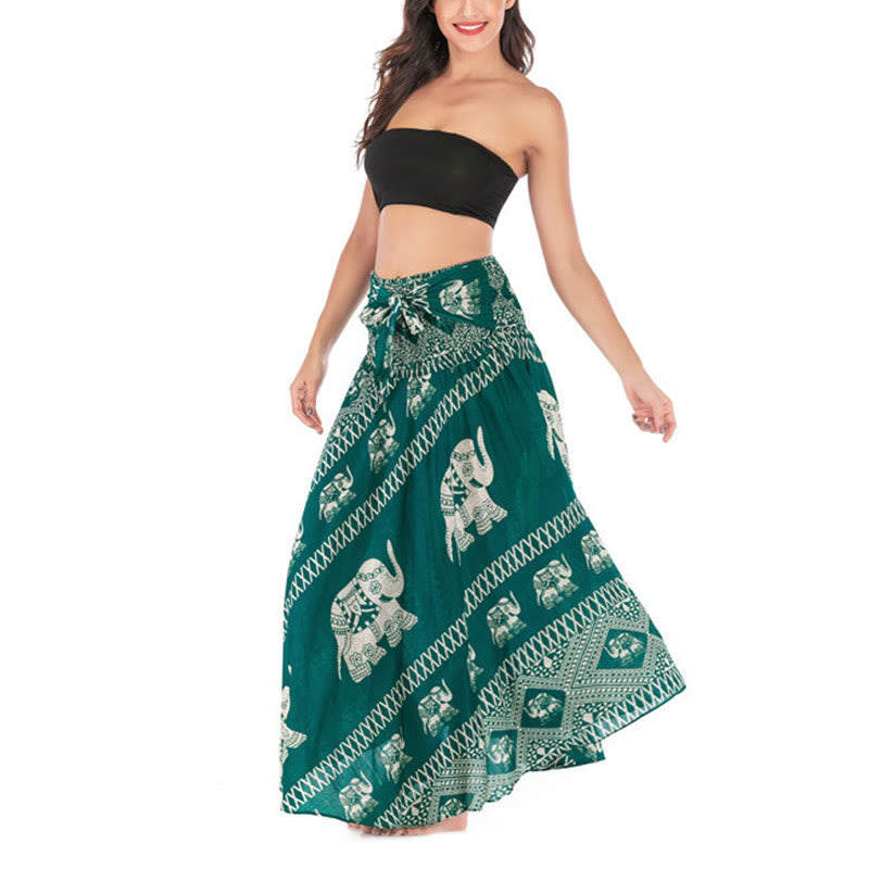 Buddha Stones Dos Estilos Vestido Bohemio de Verano Elefantes Líneas Falda con Cinturón